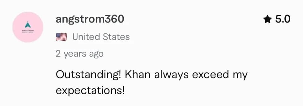 Verified Fiverr review from a repeat KhanCopyX client with five-star feedback