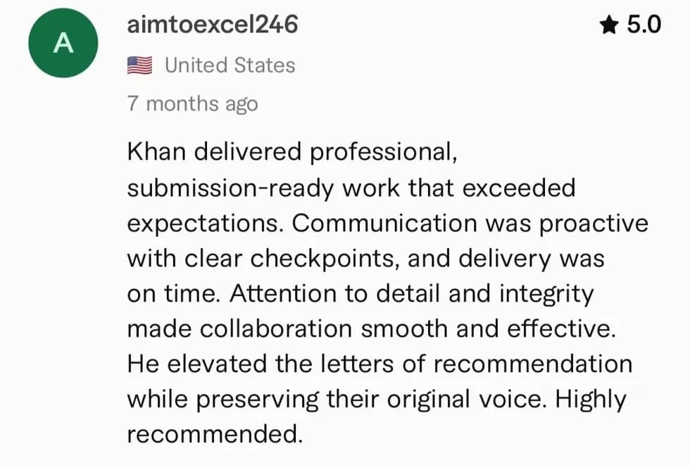 Fiverr customer testimonial screenshot for KhanCopyX academic editing and proofreading